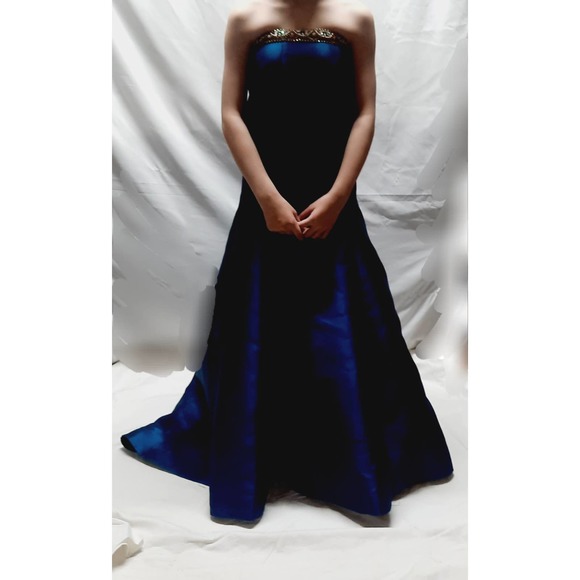 Panoply Navy strapless full skirt gown w/train sequin rhinestone beads 0 - Picture 1 of 16